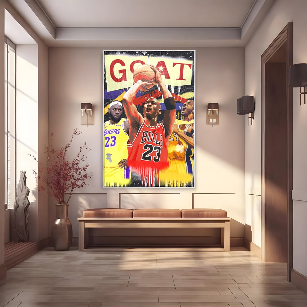 Tablou canvas cu tablou canvas cu michael jordan in actiune, in rama de aluminiu argintiu